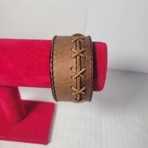 BKE Vintage Brown Leather Bracelet With Cross-Stitch Detailing & Snap Closure